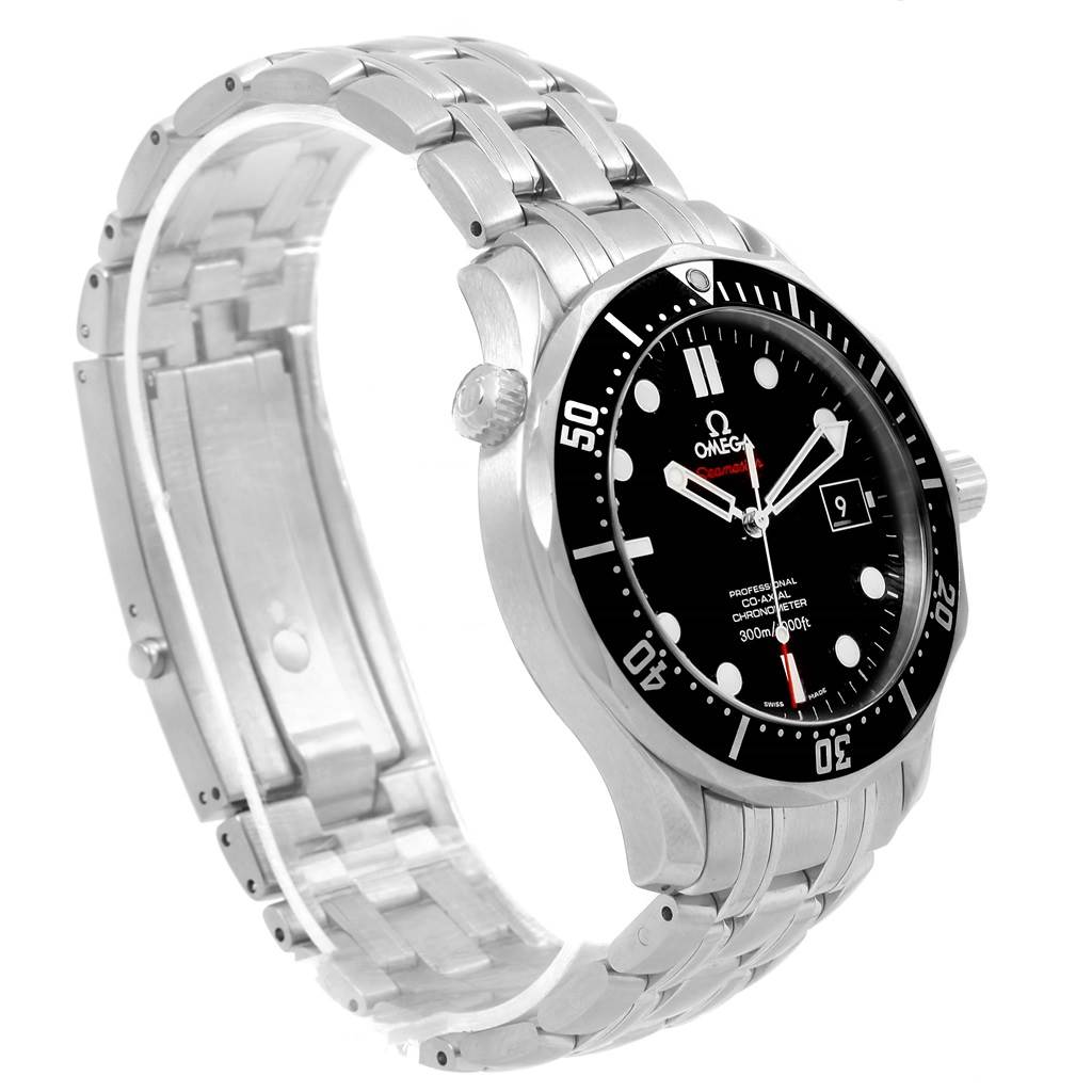 The Omega Seamaster 212.30.41.20.01.002 Men
s Stainless Steel Black Dial 212.30.41.20.01.002 Men
s Stainless Steel Black Dial watch is shown from a side-angle, highlighting the face, bezel, and metal bracelet.
