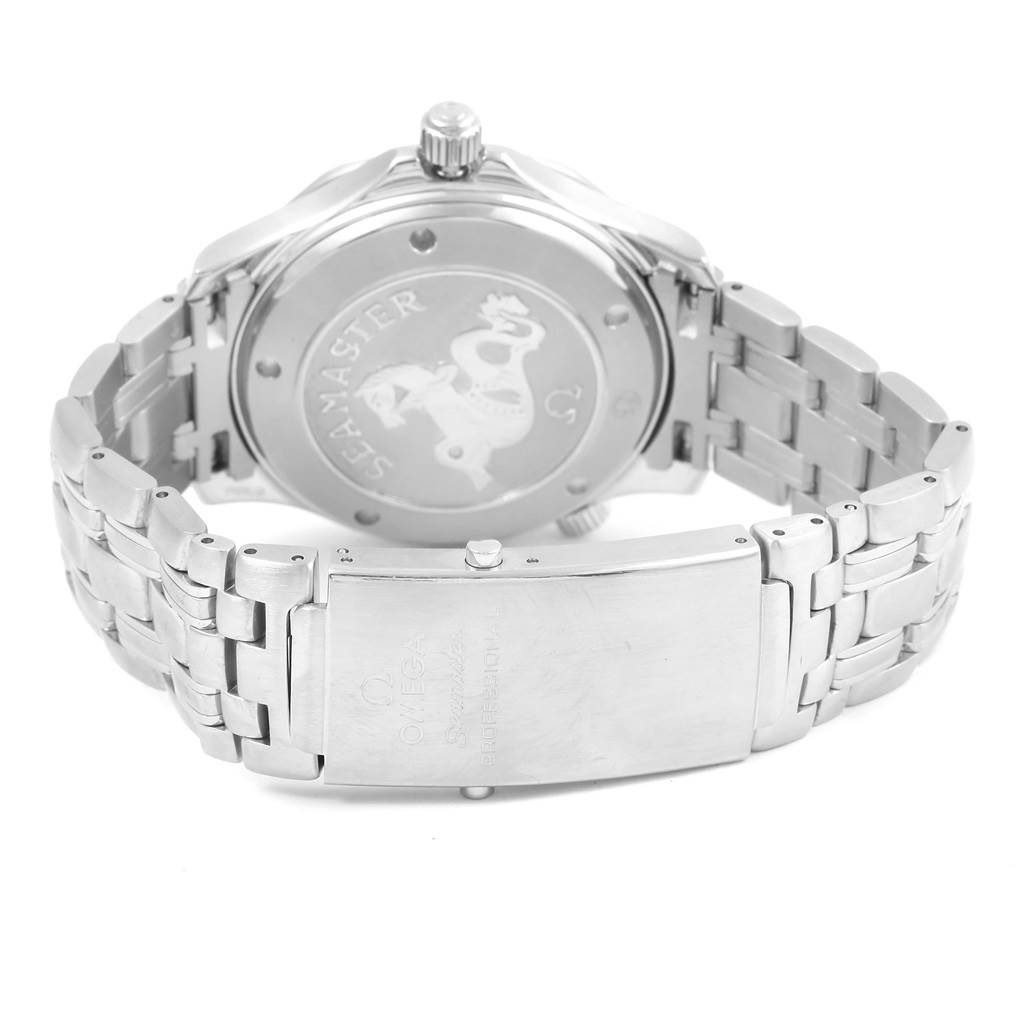 This image shows the back case and bracelet clasp of an Omega Seamaster 212.30.41.20.01.002 Men
s Stainless Steel Black Dial 212.30.41.20.01.002 Men
s Stainless Steel Black Dial watch from a rear angle.