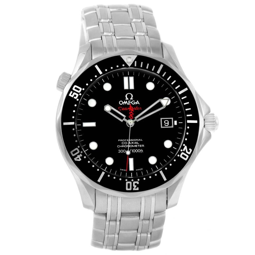 This image shows a front view of the Omega Seamaster 212.30.41.20.01.001 Men's Stainless Steel Black Dial 212.30.41.20.01.001 Men's Stainless Steel Black Dial watch displaying the face, bezel, and part of the bracelet.