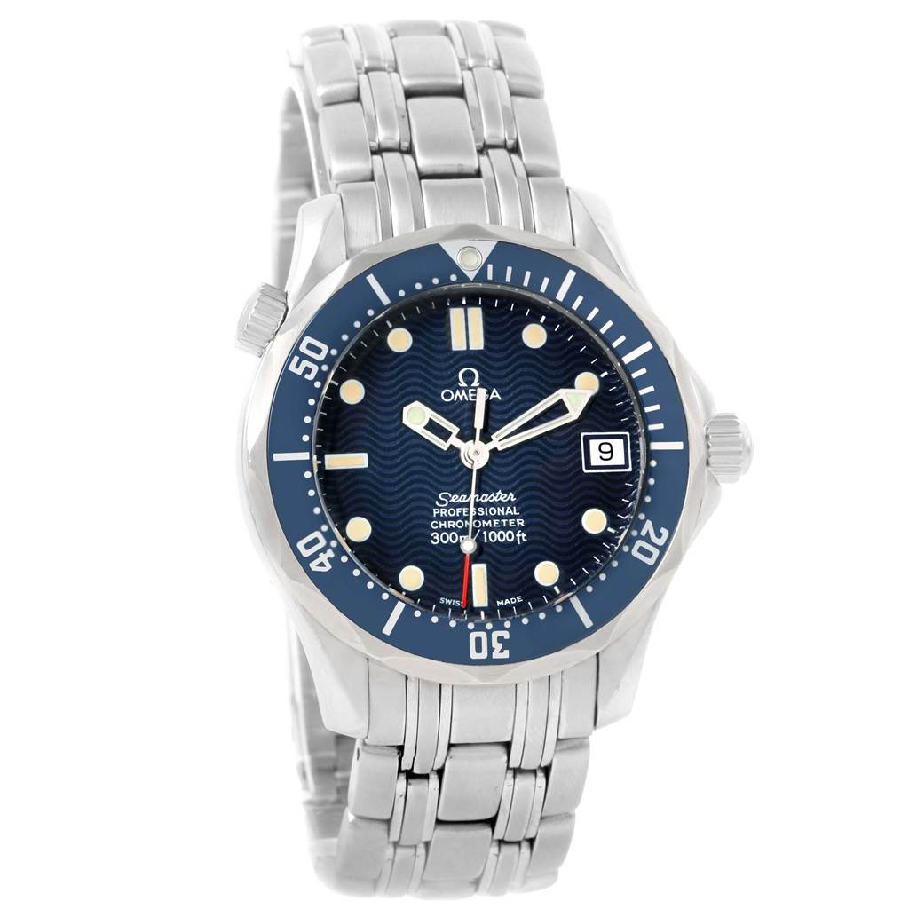 This Omega Seamaster 2551.80.00 Men
s Stainless Steel Blue Dial 2551.80.00 Men
s Stainless Steel Blue Dial watch is shown from a front angle, displaying the face, bezel, and metal bracelet.