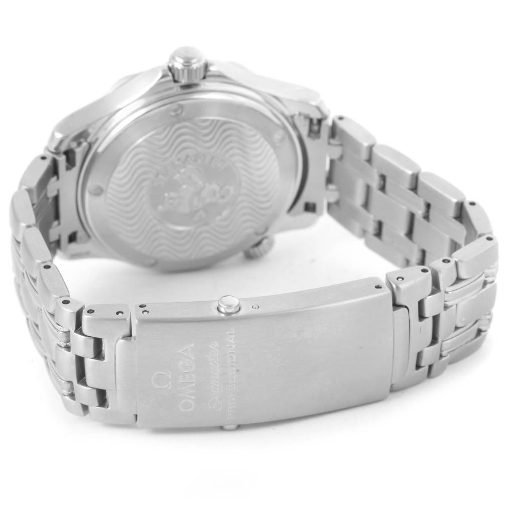 The image shows the back of an Omega Seamaster 2551.80.00 Men
s Stainless Steel Blue Dial 2551.80.00 Men
s Stainless Steel Blue Dial watch, focusing on the case back and bracelet clasp with engraved details.