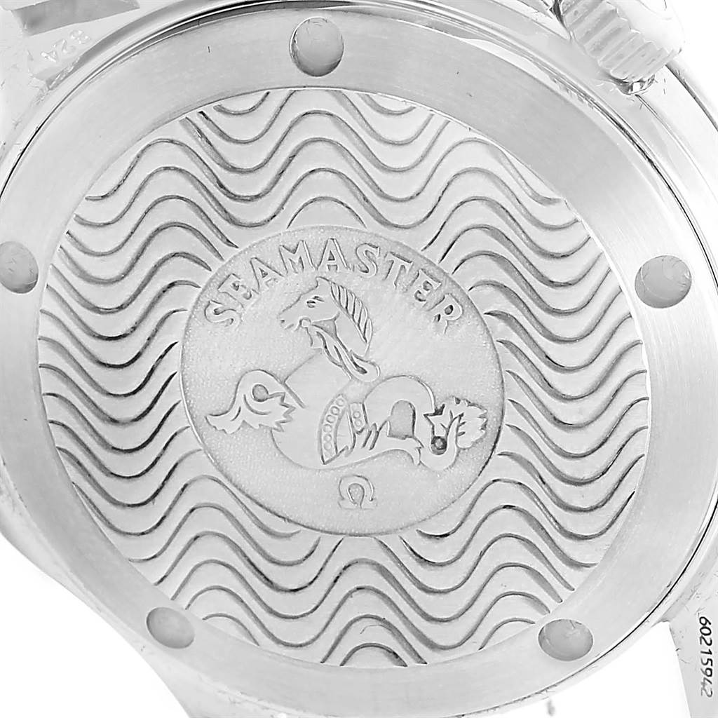 This image shows the stainless steel case back of an Omega Seamaster 2551.80.00 Men
s Stainless Steel Blue Dial 2551.80.00 Men
s Stainless Steel Blue Dial watch, featuring the engraved brand logo and model name.