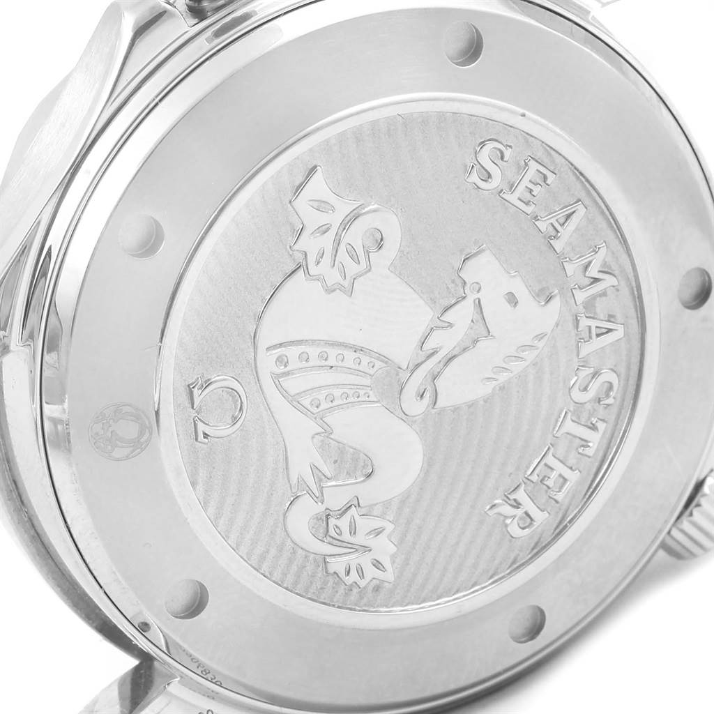 The image shows the back case of the Omega Seamaster 212.30.41.20.01.003 Men
s Stainless Steel Black Dial 212.30.41.20.01.003 Men
s Stainless Steel Black Dial watch, featuring its engraved emblem and brand name.