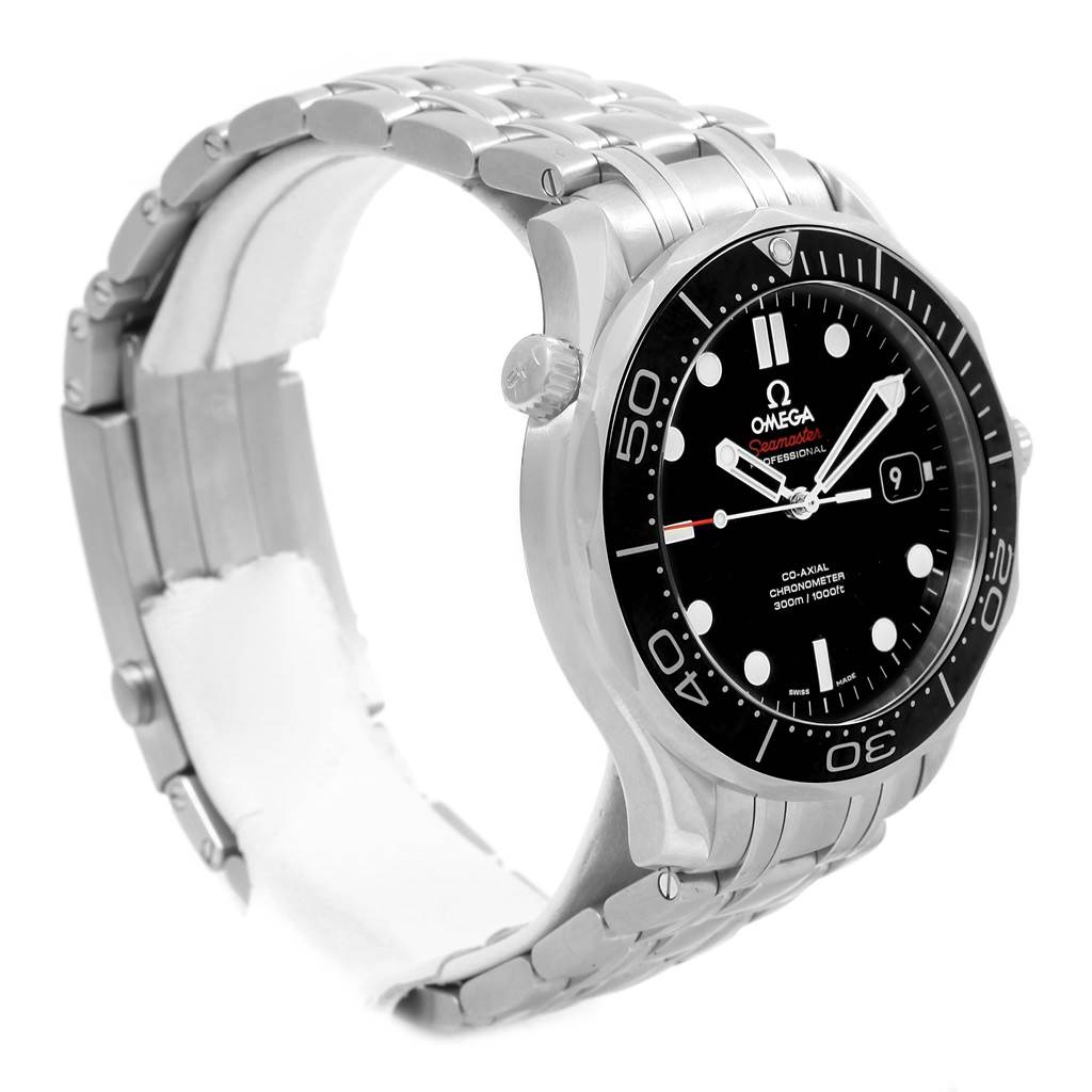 The image shows an Omega Seamaster 212.30.41.20.01.003 Men
s Stainless Steel Black Dial 212.30.41.20.01.003 Men
s Stainless Steel Black Dial watch at a three-quarter angle, highlighting its black dial, bezel, and stainless steel bracelet.