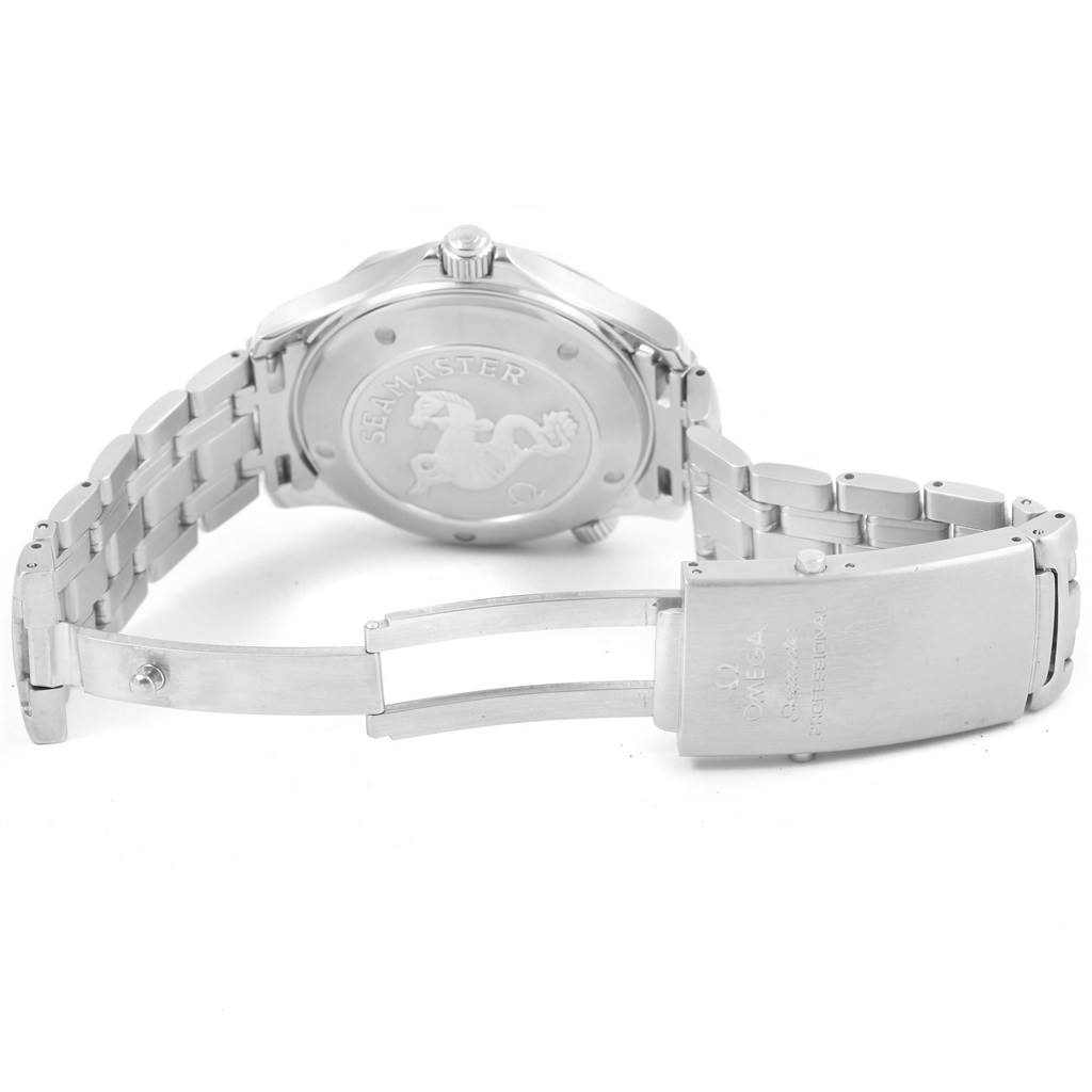 This image shows the back case and open clasp of an Omega Seamaster 212.30.41.20.01.002 Men
s Stainless Steel Black Dial 212.30.41.20.01.002 Men
s Stainless Steel Black Dial watch, highlighting the bracelet and engraved caseback.