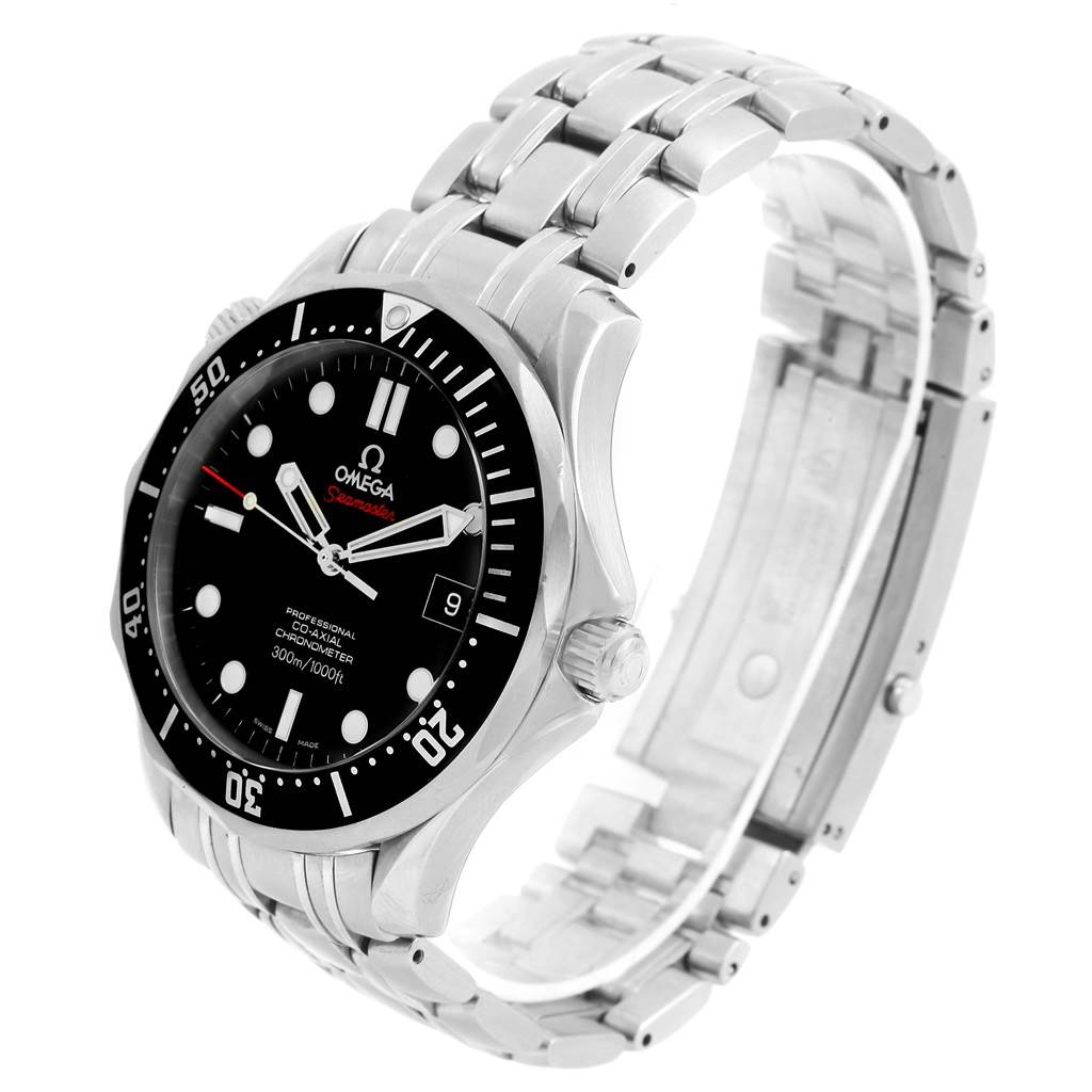 The image shows an Omega Seamaster 212.30.41.20.01.002 Men
s Stainless Steel Black Dial 212.30.41.20.01.002 Men
s Stainless Steel Black Dial watch at a three-quarter angle, highlighting the face, bezel, and metal bracelet.