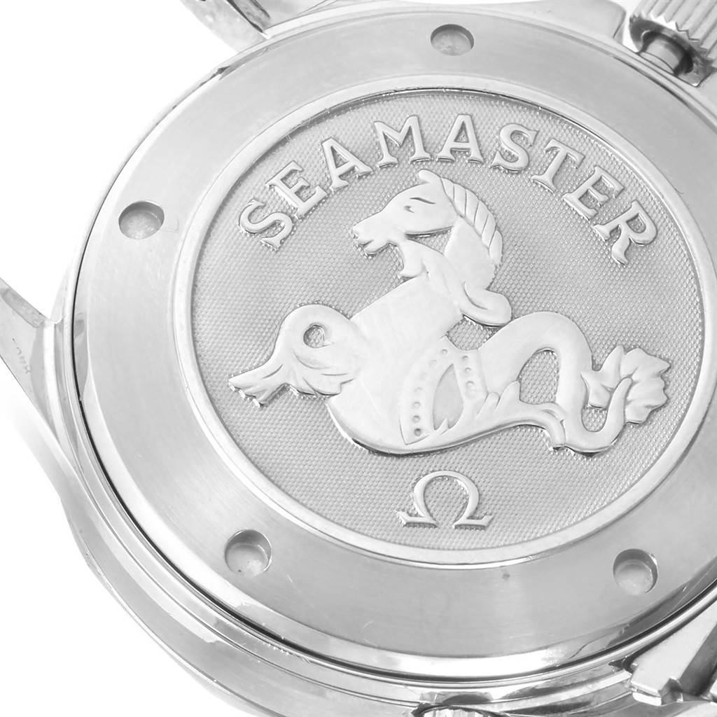 This close-up image shows the case back of the Omega Seamaster 212.30.41.20.01.002 Men
s Stainless Steel Black Dial 212.30.41.20.01.002 Men
s Stainless Steel Black Dial watch, featuring the iconic seahorse engraving.