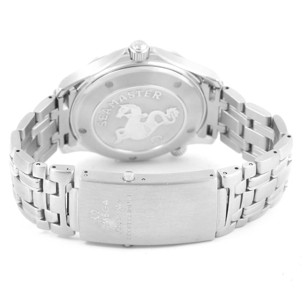 The image shows the back case and bracelet clasp of an Omega Seamaster 212.30.41.20.01.002 Men
s Stainless Steel Black Dial 212.30.41.20.01.002 Men
s Stainless Steel Black Dial watch from a rear angle.