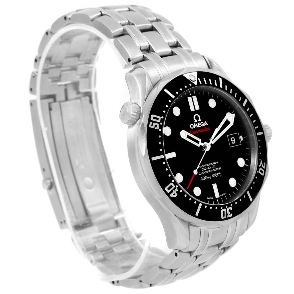 This image shows the Omega Seamaster 212.30.41.20.01.002 Men
s Stainless Steel Black Dial 212.30.41.20.01.002 Men
s Stainless Steel Black Dial watch from a side angle, highlighting its bracelet, black dial, bezel, and crown.