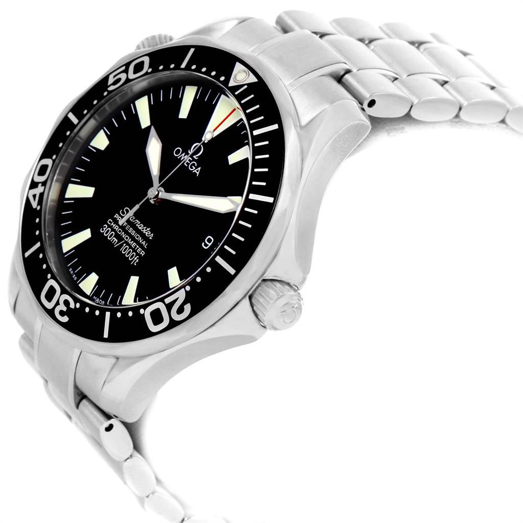 The image shows a side and front angle of an Omega Seamaster 2254.50.00 Men
s Stainless Steel Black Dial 2254.50.00 Men
s Stainless Steel Black Dial watch, highlighting the bezel, dial, hands, and part of the bracelet.