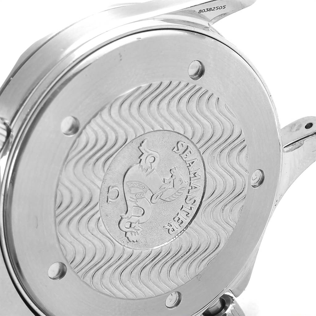 The image shows the case back of an Omega Seamaster 2254.50.00 Men
s Stainless Steel Black Dial 2254.50.00 Men
s Stainless Steel Black Dial watch, featuring the iconic waves and logo engraving.