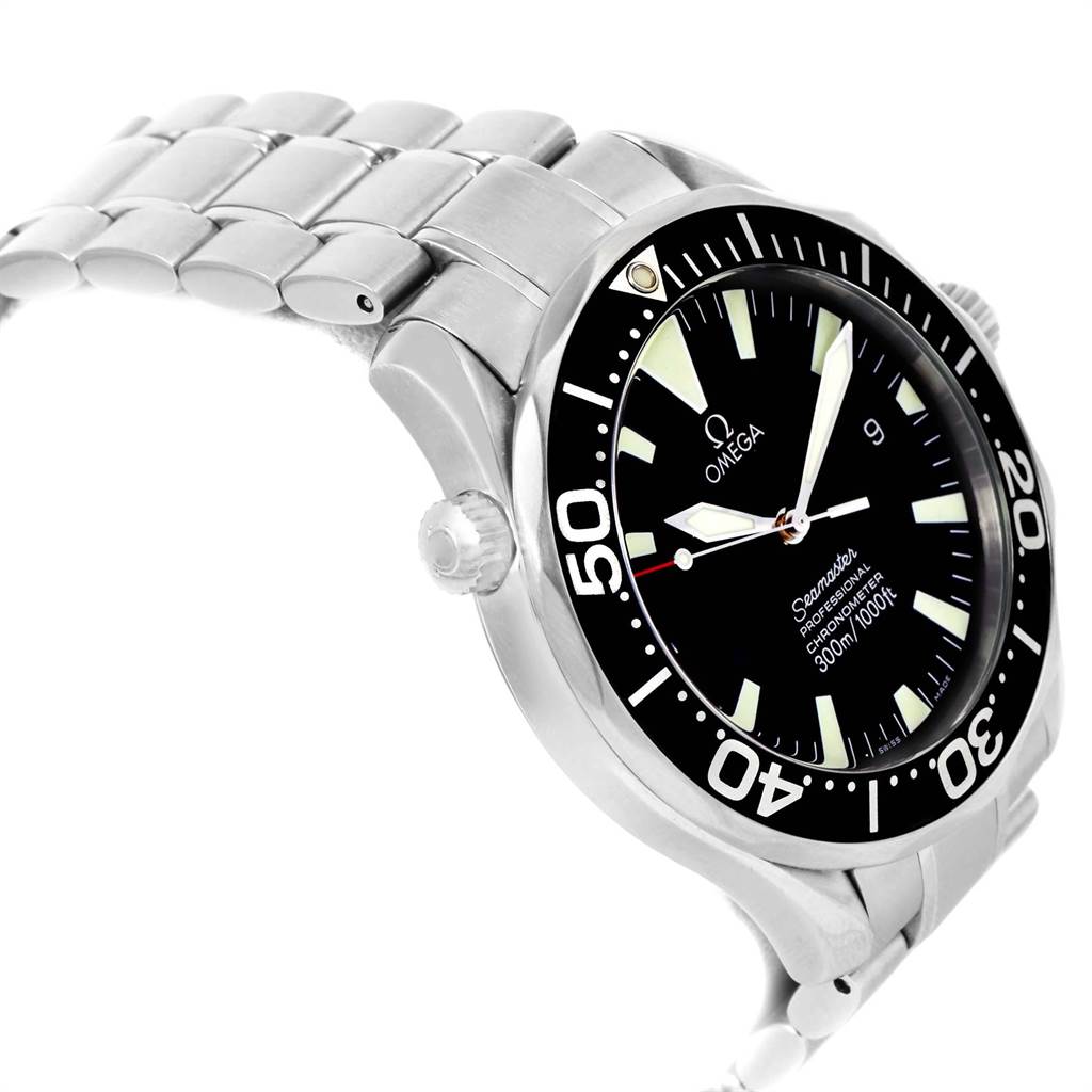 The image shows a side angle of an Omega Seamaster 2254.50.00 Men
s Stainless Steel Black Dial 2254.50.00 Men
s Stainless Steel Black Dial watch, highlighting the bezel, dial, and stainless steel bracelet.