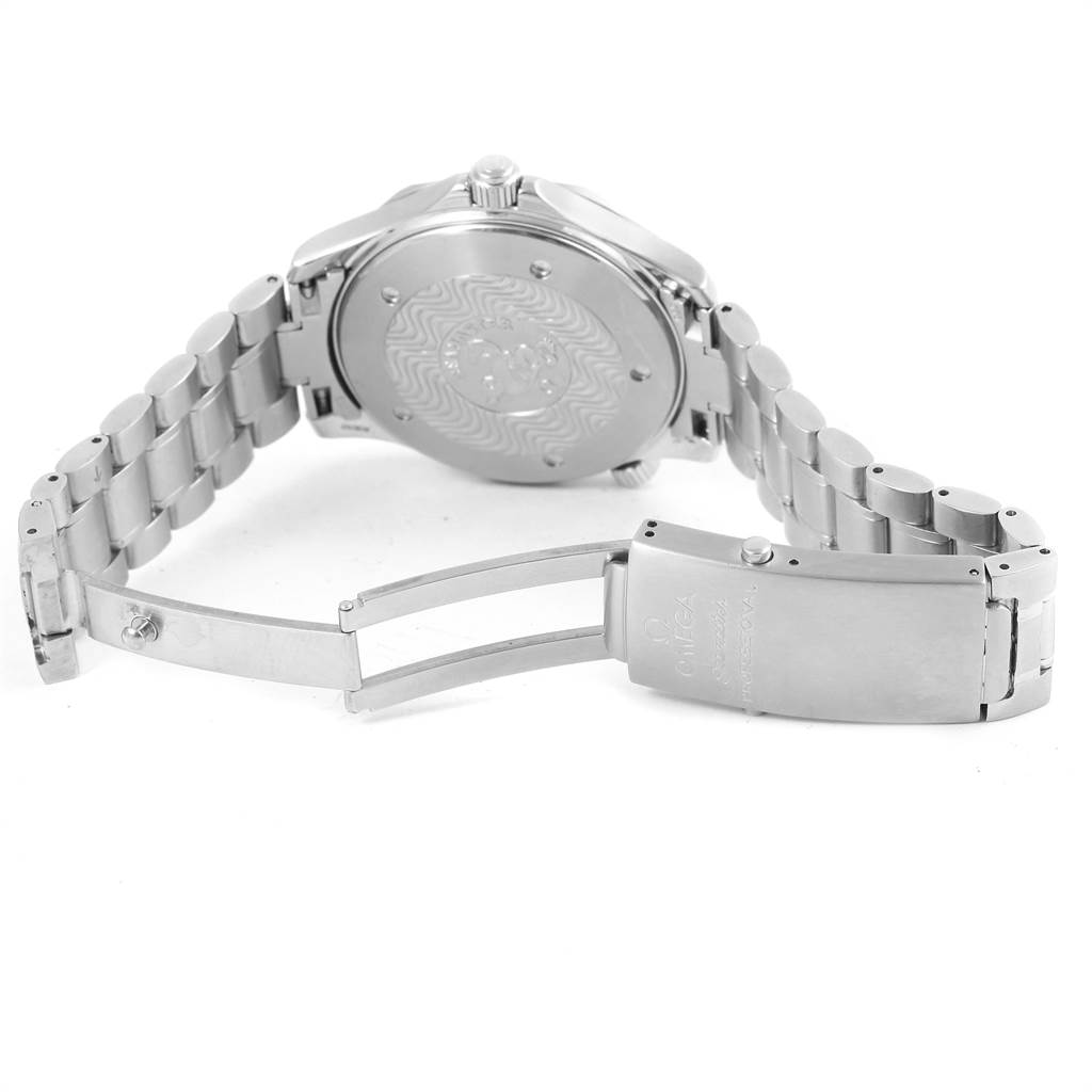 This image shows the back case and open clasp of an Omega Seamaster 2254.50.00 Men
s Stainless Steel Black Dial 2254.50.00 Men
s Stainless Steel Black Dial watch from a rear angle.