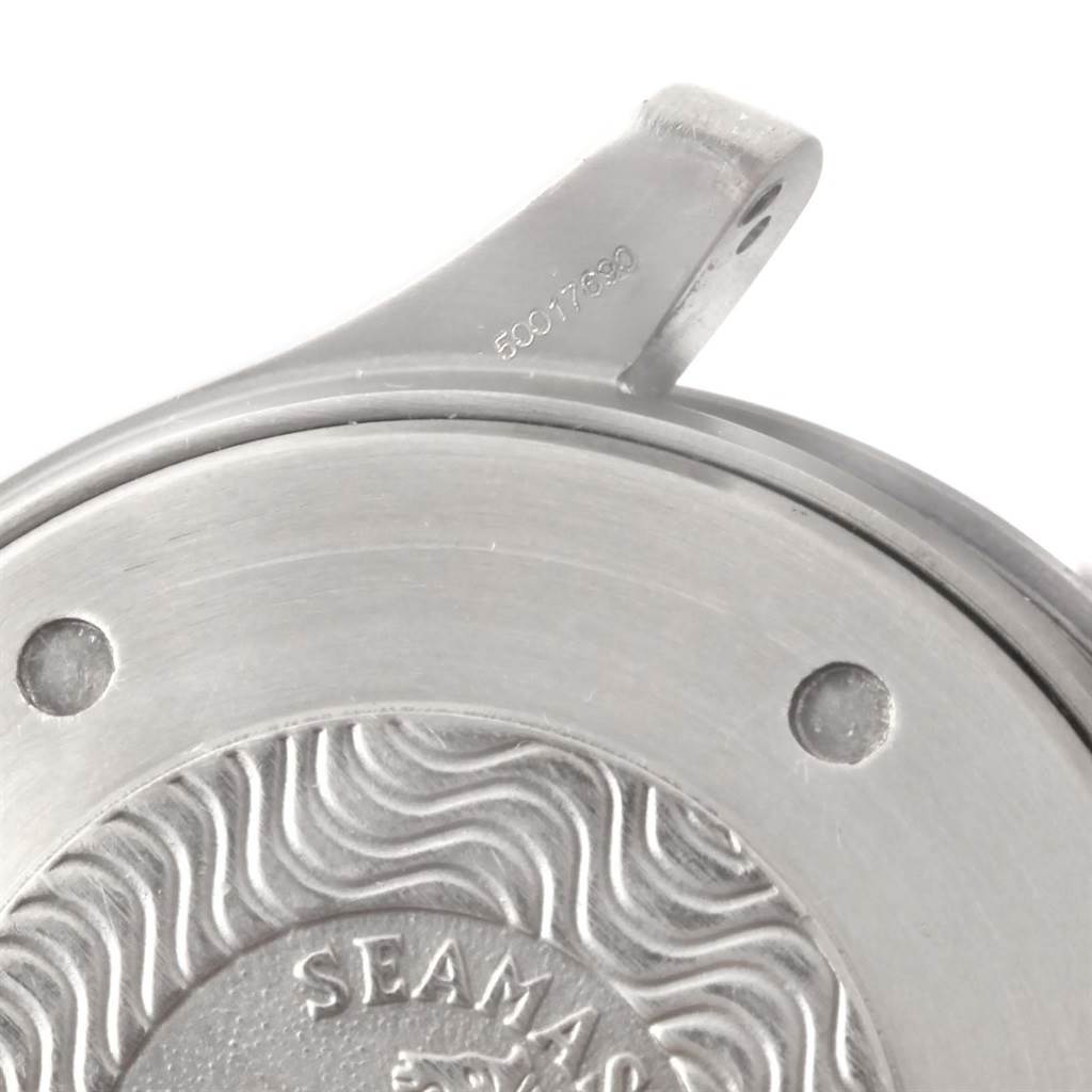 This close-up image shows the rear case back and lug of the Omega Seamaster 2296.80.00 Titanium Blue Dial 2296.80.00 Titanium Blue Dial watch.