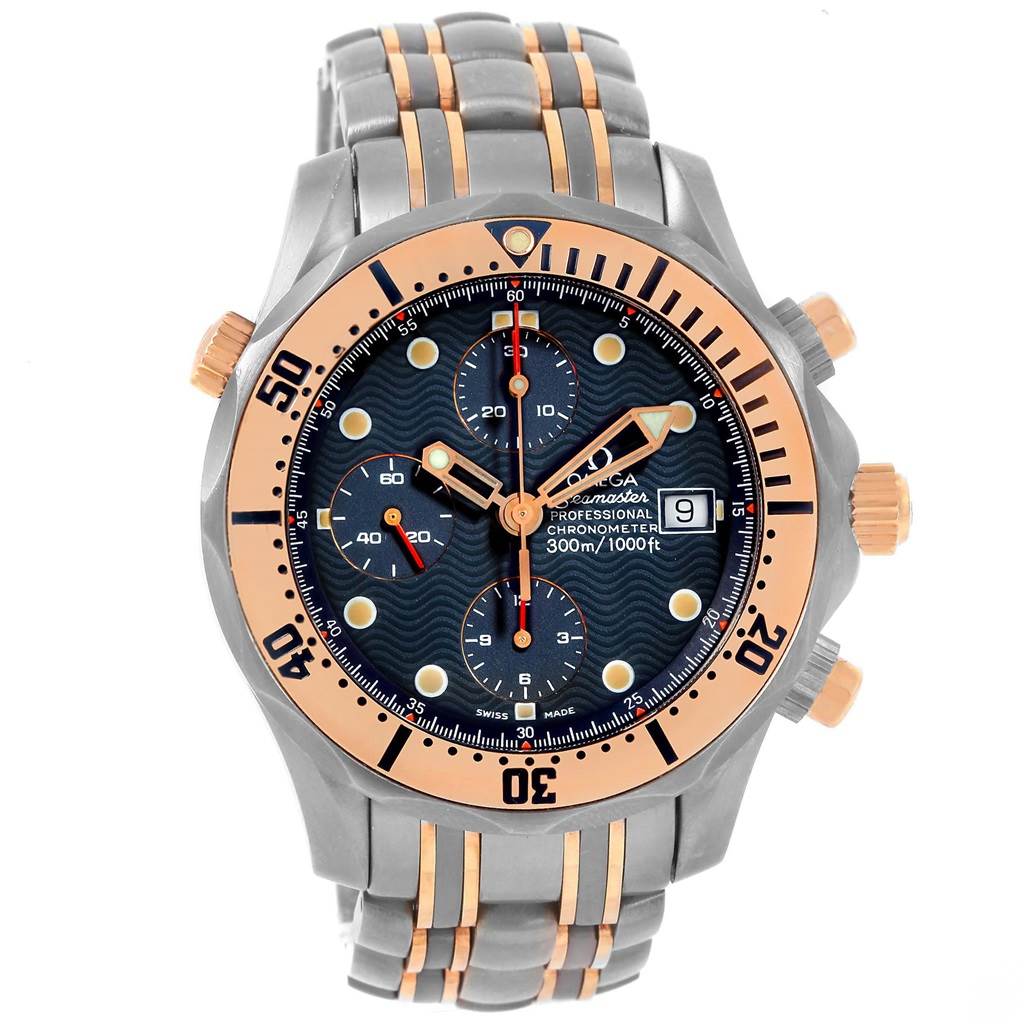 The image shows a front view of an Omega Seamaster 2296.80.00 Titanium Blue Dial 2296.80.00 Titanium Blue Dial watch featuring a stainless steel and rose gold design with a black dial.