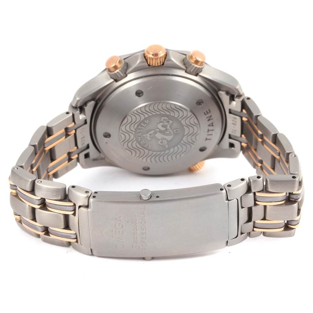 This image shows the back case, crown, and bracelet clasp of an Omega Seamaster 2296.80.00 Titanium Blue Dial 2296.80.00 Titanium Blue Dial watch.