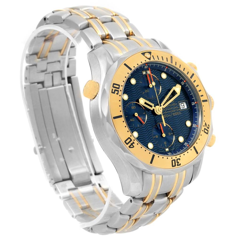 The image shows an angled view of an Omega Seamaster 2398.80.00 Men's Steel and Gold (two tone) Blue Dial 2398.80.00 Men's Steel and Gold (two tone) Blue Dial watch, highlighting the dial, bezel, and bracelet.