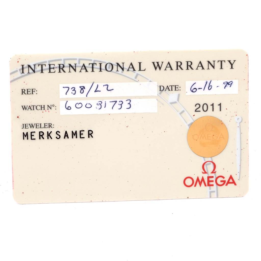 This image shows the International Warranty card for an Omega Seamaster 2398.80.00 Men's Steel and Gold (two tone) Blue Dial 2398.80.00 Men's Steel and Gold (two tone) Blue Dial watch.