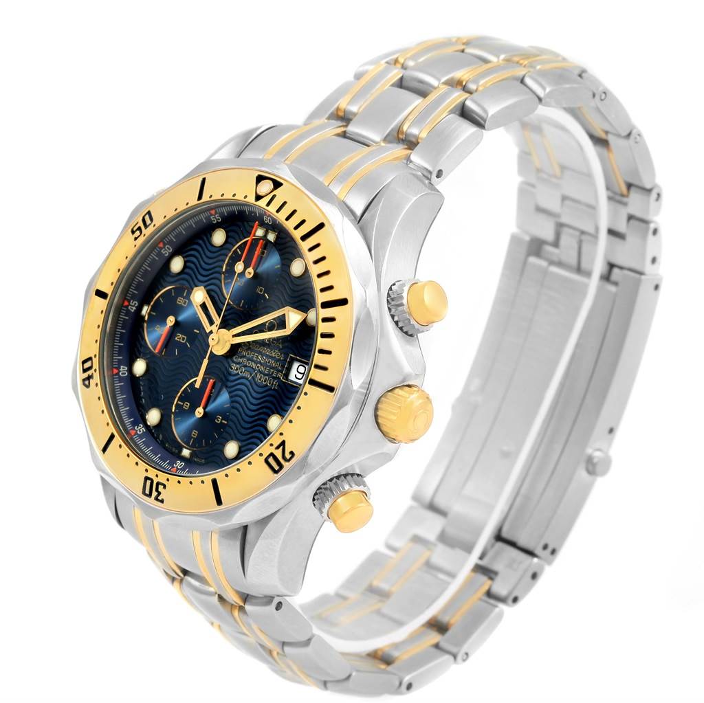 This image shows an angled view of the Omega Seamaster 2398.80.00 Men's Steel and Gold (two tone) Blue Dial 2398.80.00 Men's Steel and Gold (two tone) Blue Dial watch, highlighting the dial, bezel, crown, chronograph pushers, and bracelet.