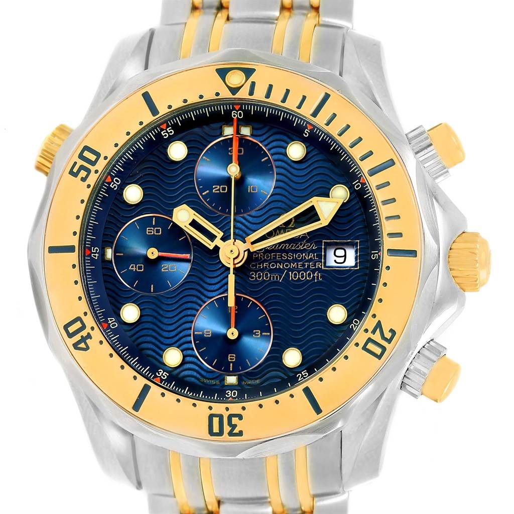 The image shows the face and part of the bracelet of the Omega Seamaster 2398.80.00 Men's Steel and Gold (two tone) Blue Dial 2398.80.00 Men's Steel and Gold (two tone) Blue Dial watch, highlighting the bezel, dial, and chronograph sub-dials.