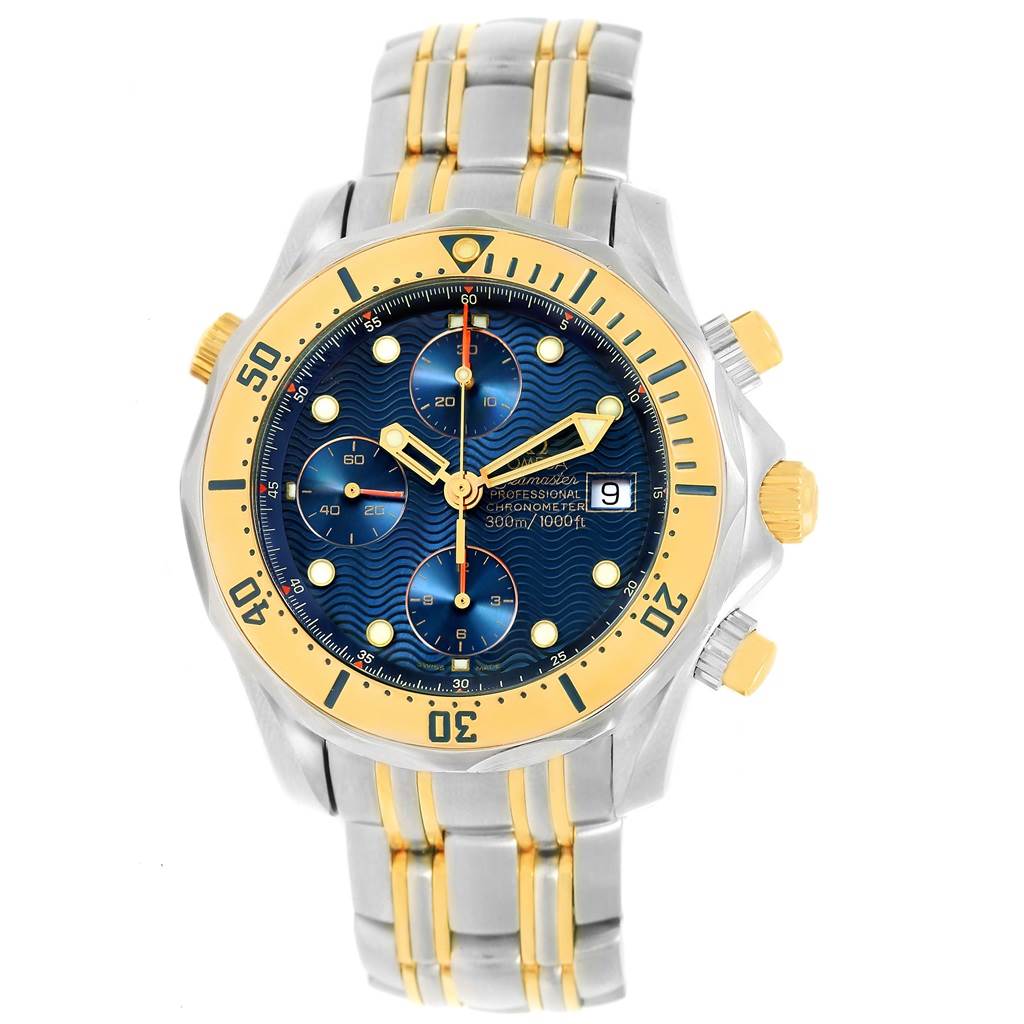This Omega Seamaster 2398.80.00 Men's Steel and Gold (two tone) Blue Dial 2398.80.00 Men's Steel and Gold (two tone) Blue Dial watch is shown from a front angle, displaying its dial, bezel, and part of the bracelet.