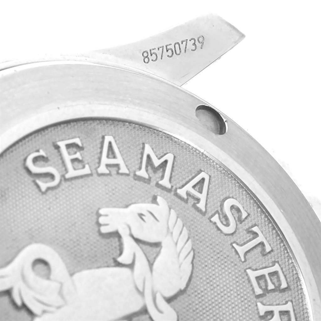 The image shows a close-up of the back case of an Omega Seamaster 2222.80.00 Men
s Stainless Steel Blue Dial 2222.80.00 Men
s Stainless Steel Blue Dial watch, featuring a logo and partial serial number.