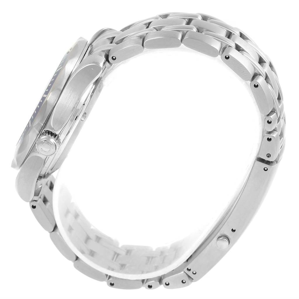 The image shows a side profile of an Omega Seamaster 2222.80.00 Men
s Stainless Steel Blue Dial 2222.80.00 Men
s Stainless Steel Blue Dial watch, highlighting the case, crown, and bracelet.