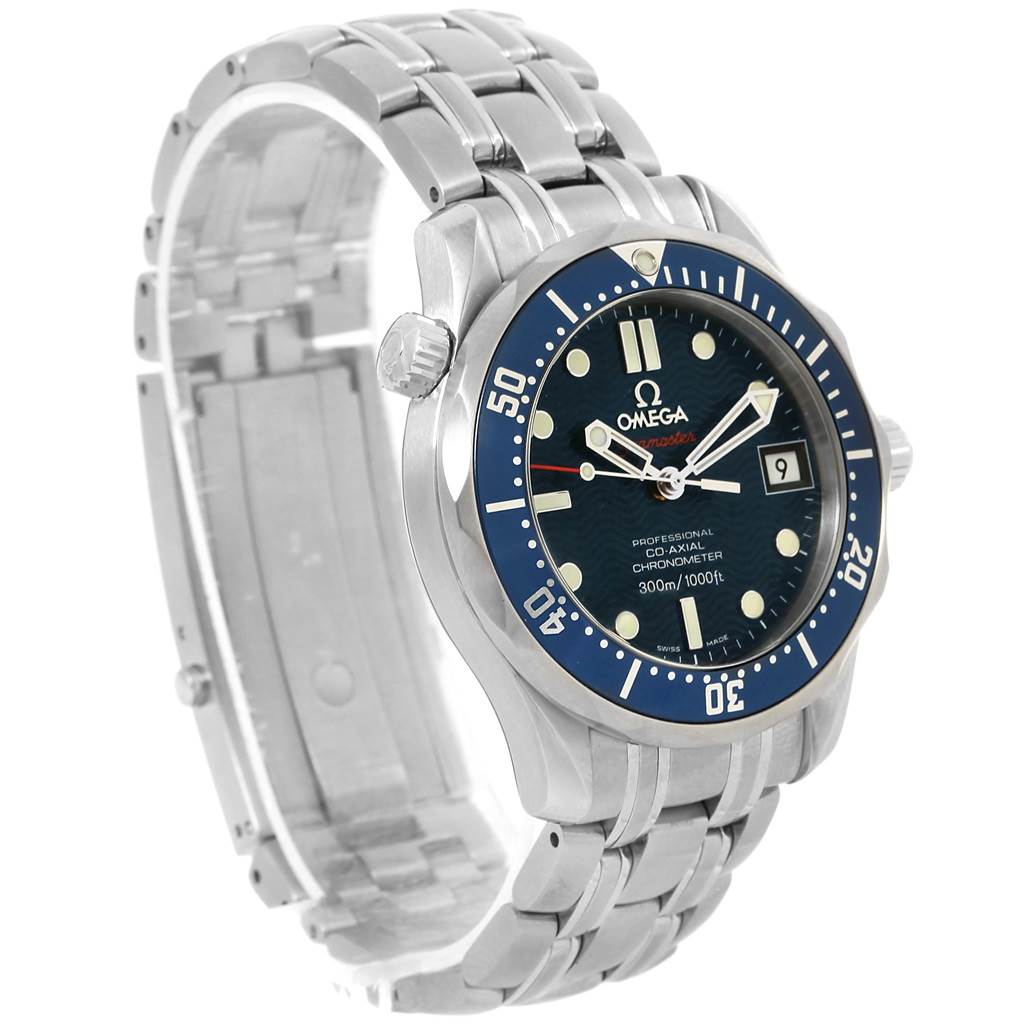 The image shows a side angle of the Omega Seamaster 2222.80.00 Men
s Stainless Steel Blue Dial 2222.80.00 Men
s Stainless Steel Blue Dial watch, highlighting its face, bezel, and part of the metal bracelet.