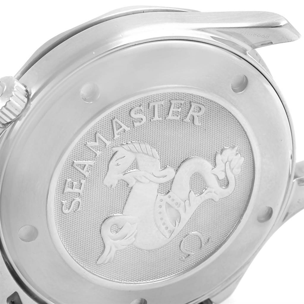 This image shows a close-up of the case back of an Omega Seamaster 212.30.41.61.01.001 Men
s Stainless Steel Black Dial 212.30.41.61.01.001 Men
s Stainless Steel Black Dial watch, displaying the embossed seahorse design and "Seamaster" text.