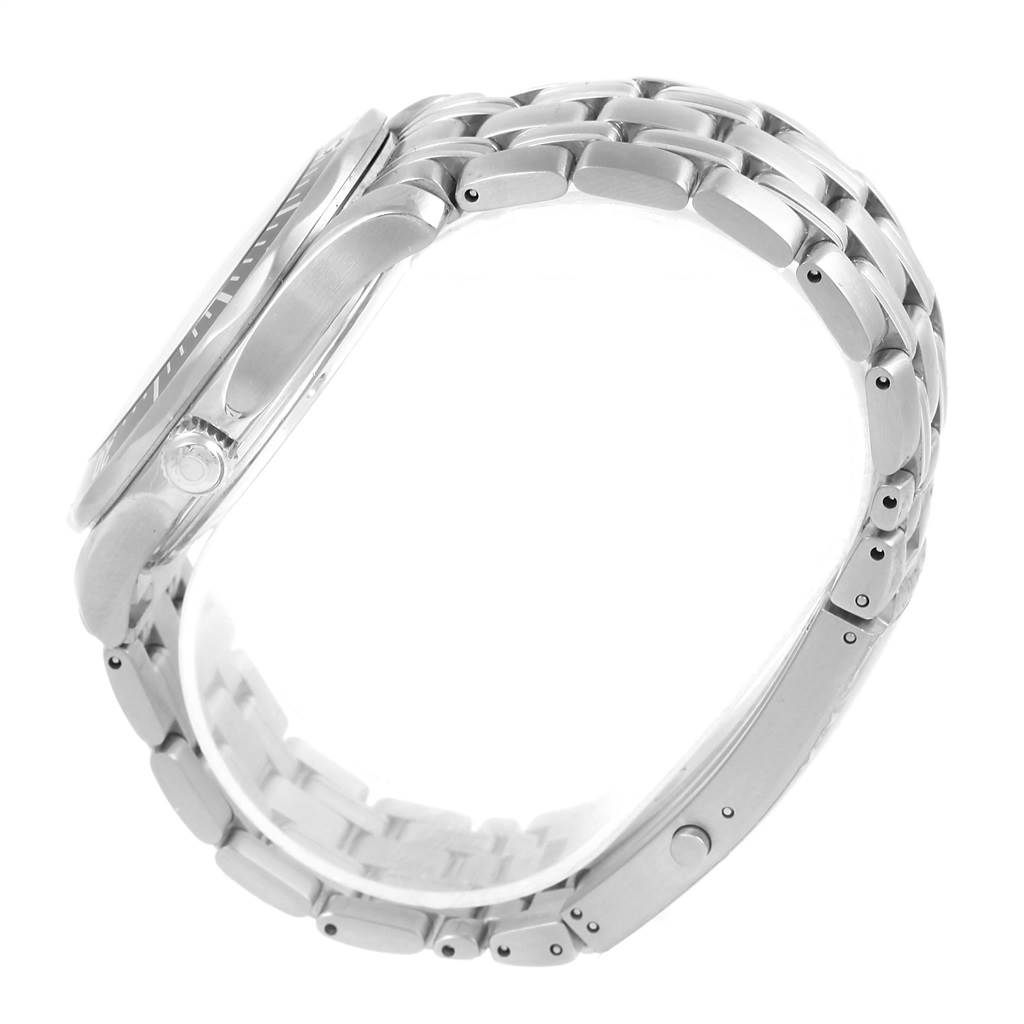 The image shows a side view angle of an Omega Seamaster 212.30.41.61.01.001 Men
s Stainless Steel Black Dial 212.30.41.61.01.001 Men
s Stainless Steel Black Dial watch, highlighting its stainless steel case and bracelet.