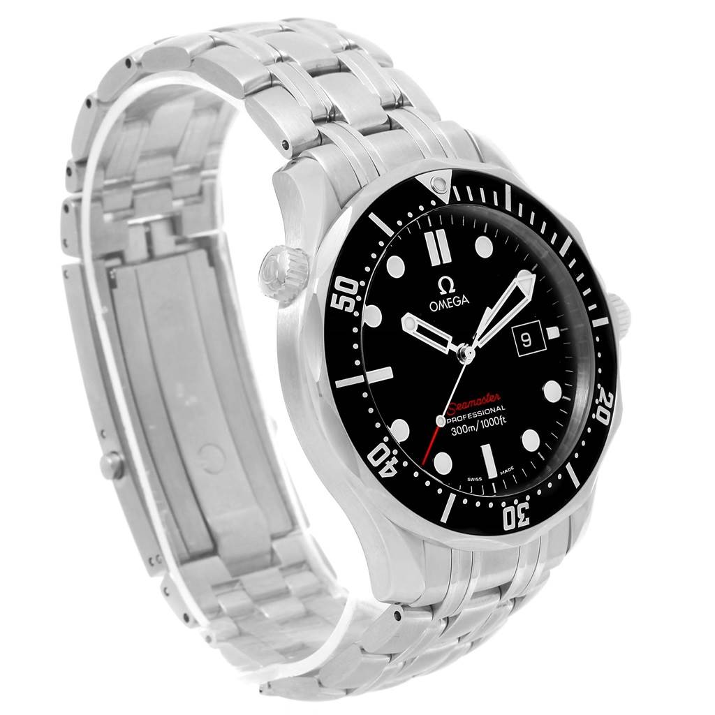 The image shows an angled view of an Omega Seamaster 212.30.41.61.01.001 Men
s Stainless Steel Black Dial 212.30.41.61.01.001 Men
s Stainless Steel Black Dial watch, highlighting the face, bezel, crown, bracelet, and clasp.