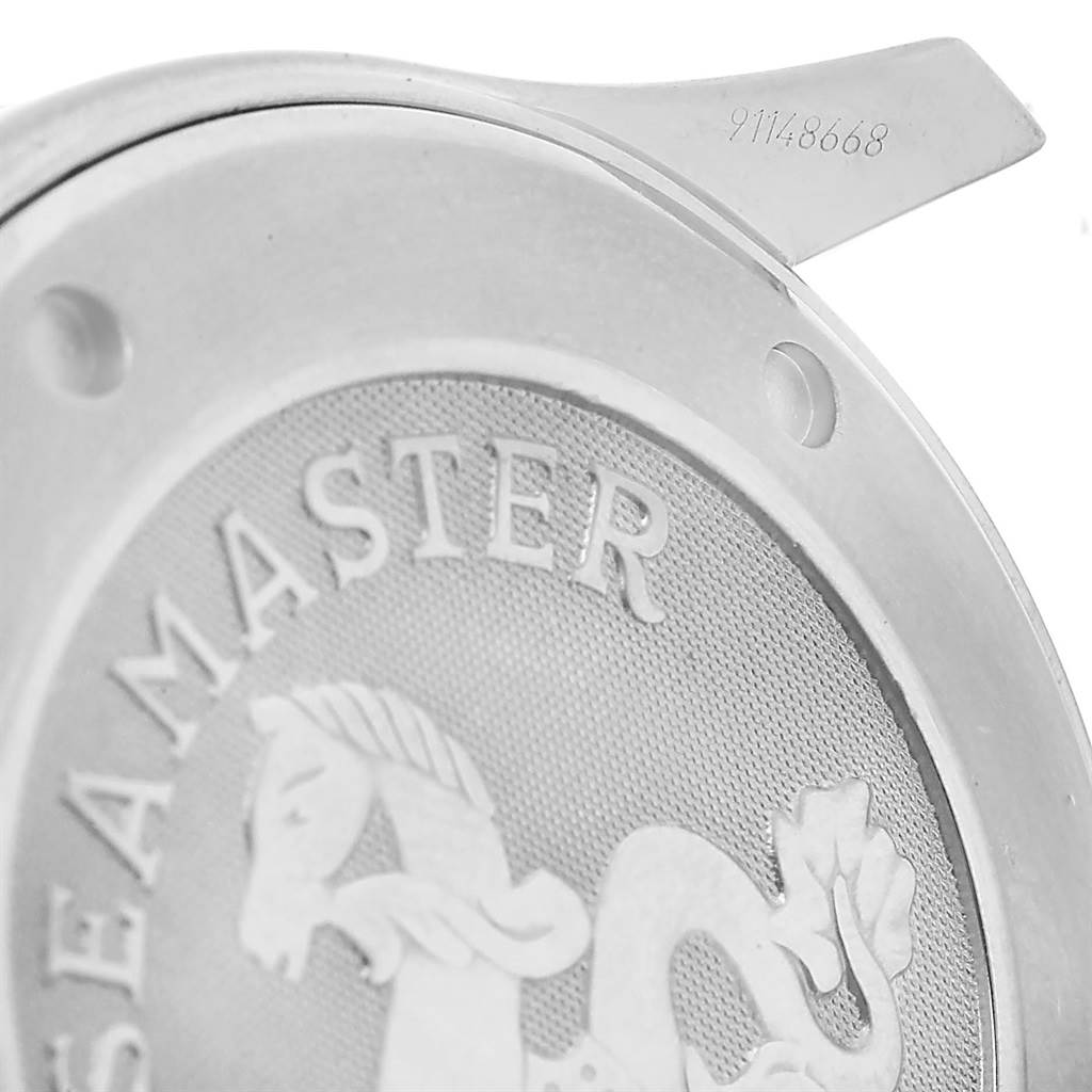 The image shows a close-up of the case back and the serial number of an Omega Seamaster 212.30.41.61.01.001 Men
s Stainless Steel Black Dial 212.30.41.61.01.001 Men
s Stainless Steel Black Dial watch.