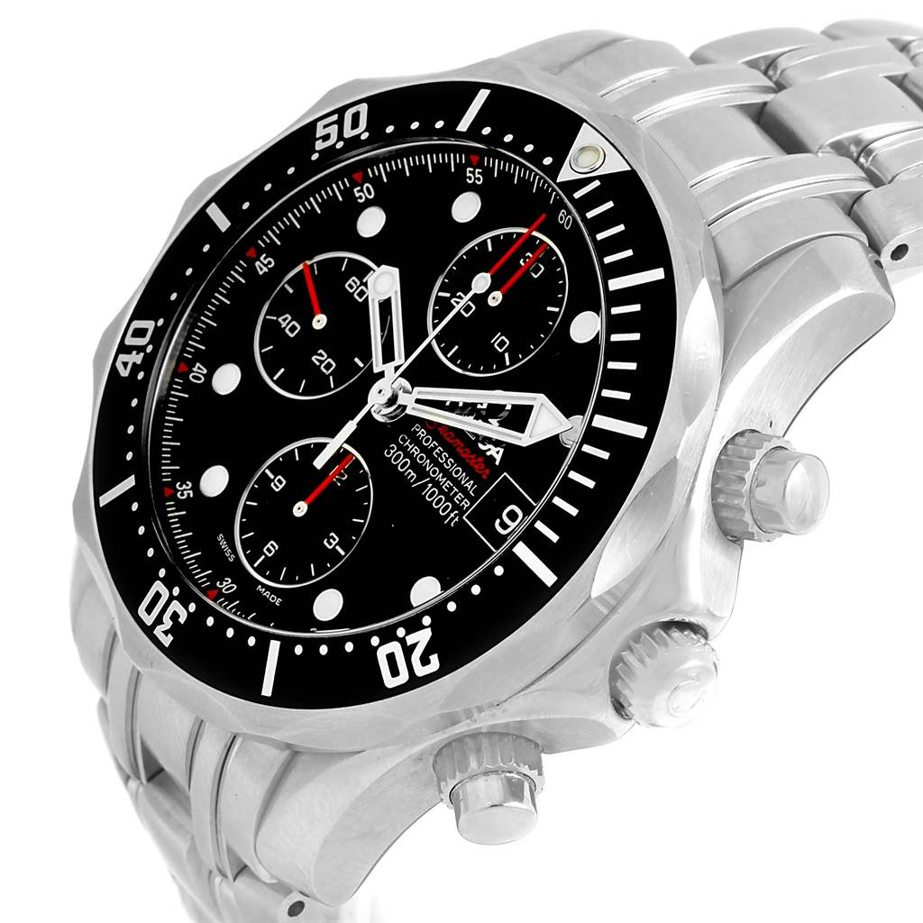 The Omega Seamaster 213.30.42.40.01.001 Men's Stainless Steel Black Dial 213.30.42.40.01.001 Men's Stainless Steel Black Dial watch is shown at a side angle highlighting the bezel, dial, crown, and bracelet.