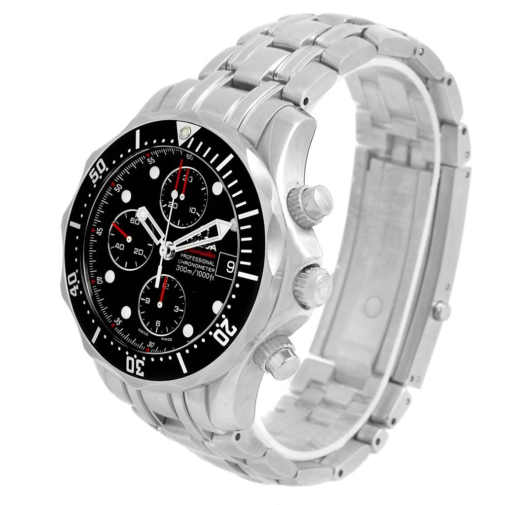 The Omega Seamaster 213.30.42.40.01.001 Men's Stainless Steel Black Dial 213.30.42.40.01.001 Men's Stainless Steel Black Dial watch is shown at an angle highlighting the face, bezel, buttons, and metal bracelet.