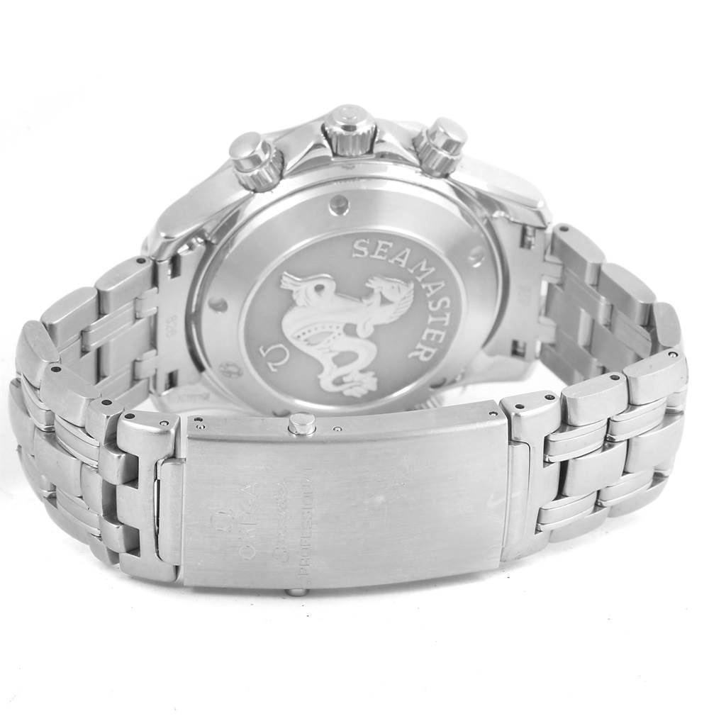 The image shows the back case and bracelet of an Omega Seamaster 213.30.42.40.01.001 Men's Stainless Steel Black Dial 213.30.42.40.01.001 Men's Stainless Steel Black Dial watch from a rear angle.