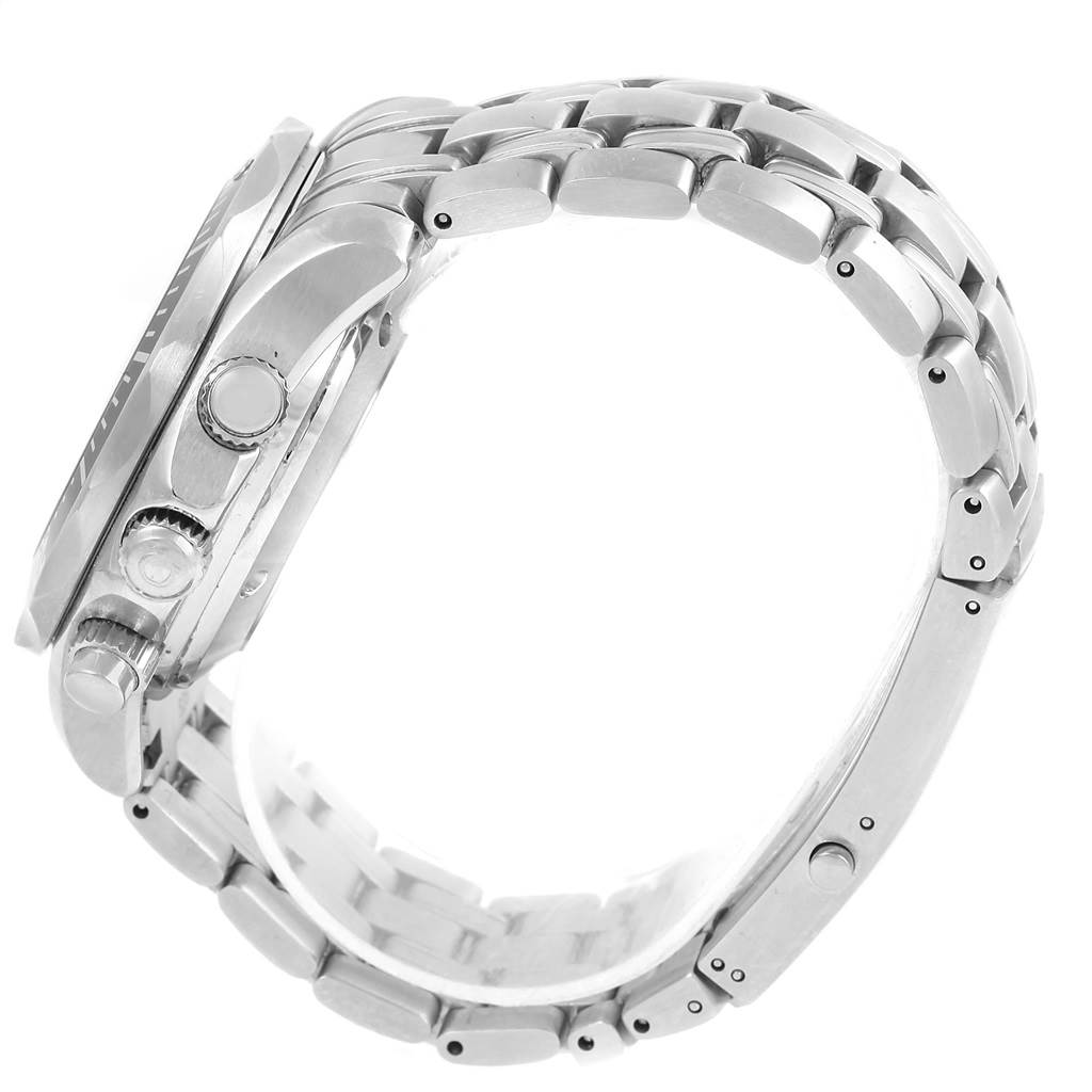 This image shows a side view of the Omega Seamaster 213.30.42.40.01.001 Men's Stainless Steel Black Dial 213.30.42.40.01.001 Men's Stainless Steel Black Dial watch, highlighting its metal band, crown, and pushers.