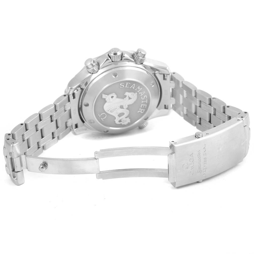 The image shows the back case and deployment clasp of an Omega Seamaster 213.30.42.40.01.001 Men's Stainless Steel Black Dial 213.30.42.40.01.001 Men's Stainless Steel Black Dial watch.