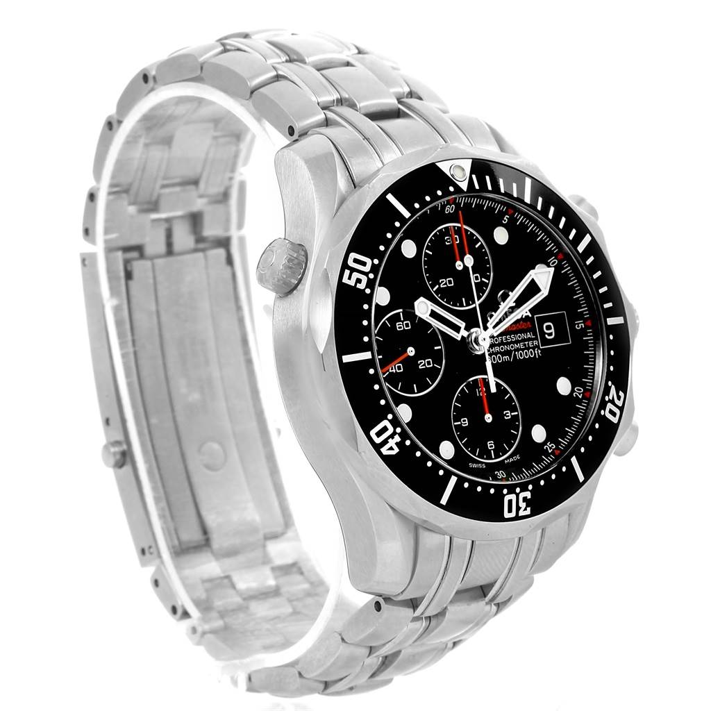 This image shows an Omega Seamaster 213.30.42.40.01.001 Men's Stainless Steel Black Dial 213.30.42.40.01.001 Men's Stainless Steel Black Dial watch from a side angle, highlighting the face, bezel, and metal bracelet.