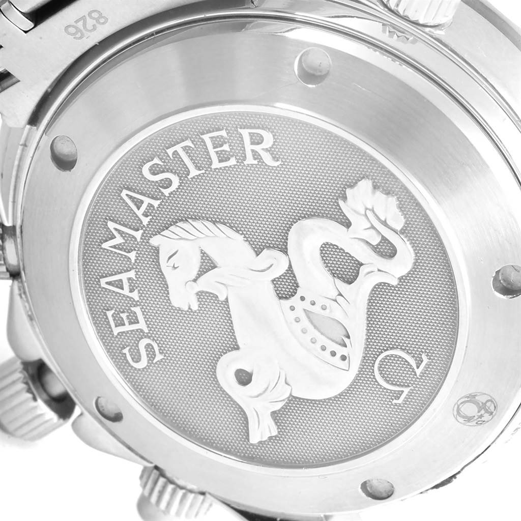 The image shows the back case of an Omega Seamaster 213.30.42.40.01.001 Men's Stainless Steel Black Dial 213.30.42.40.01.001 Men's Stainless Steel Black Dial watch featuring its engraved logo.