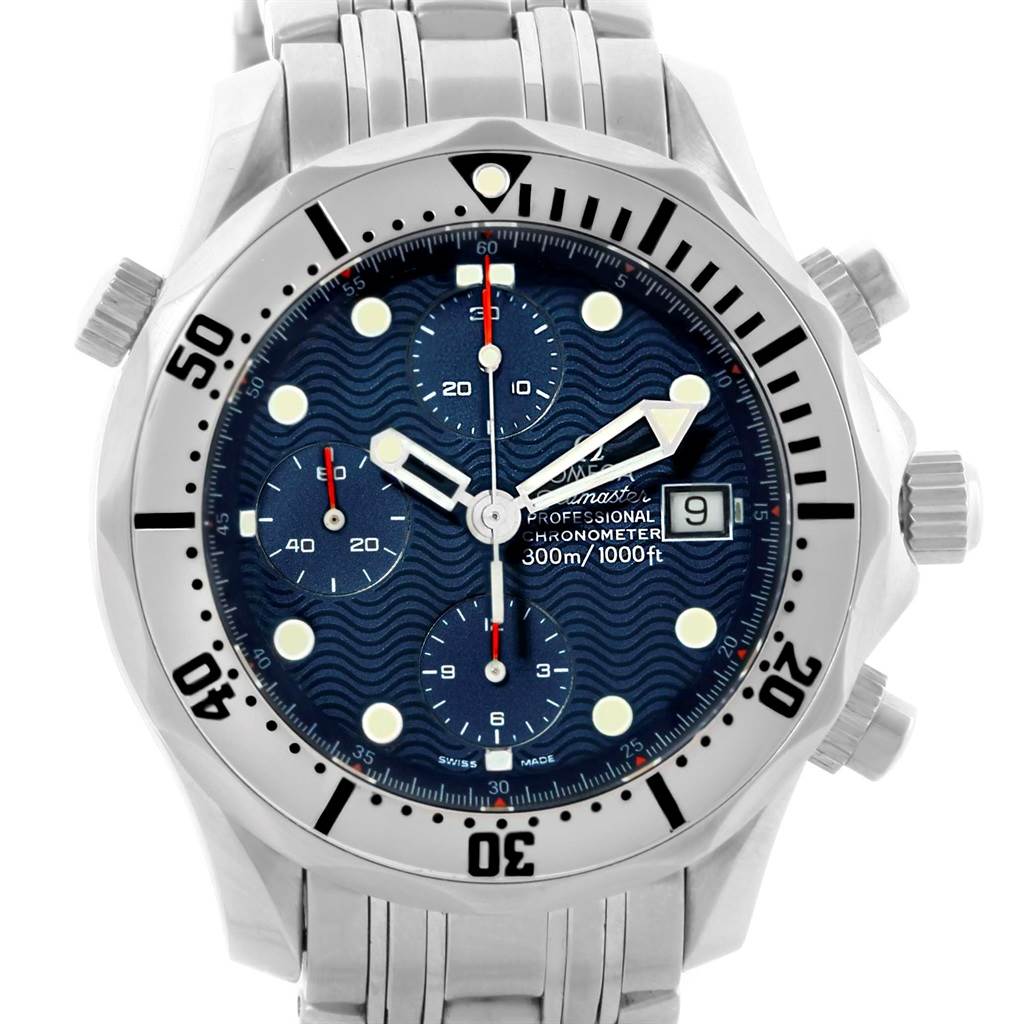 The Omega Seamaster 2598.80.00 Men
s Stainless Steel Blue Dial 2598.80.00 Men
s Stainless Steel Blue Dial watch is shown from the front angle, highlighting the bezel, dial, and bracelet.