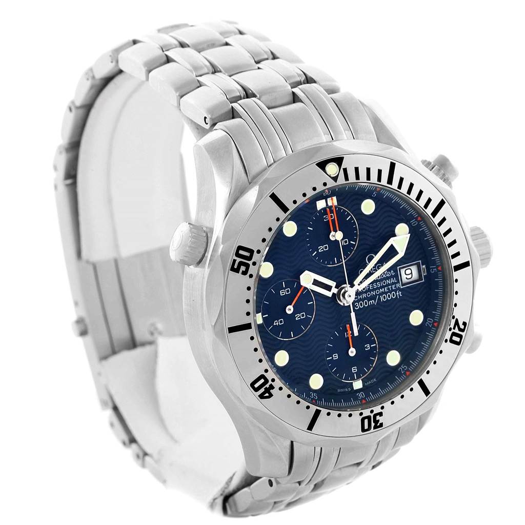 The image shows an Omega Seamaster 2598.80.00 Men
s Stainless Steel Blue Dial 2598.80.00 Men
s Stainless Steel Blue Dial watch from a three-quarter angle, highlighting its bezel, dial, hands, and metal bracelet.