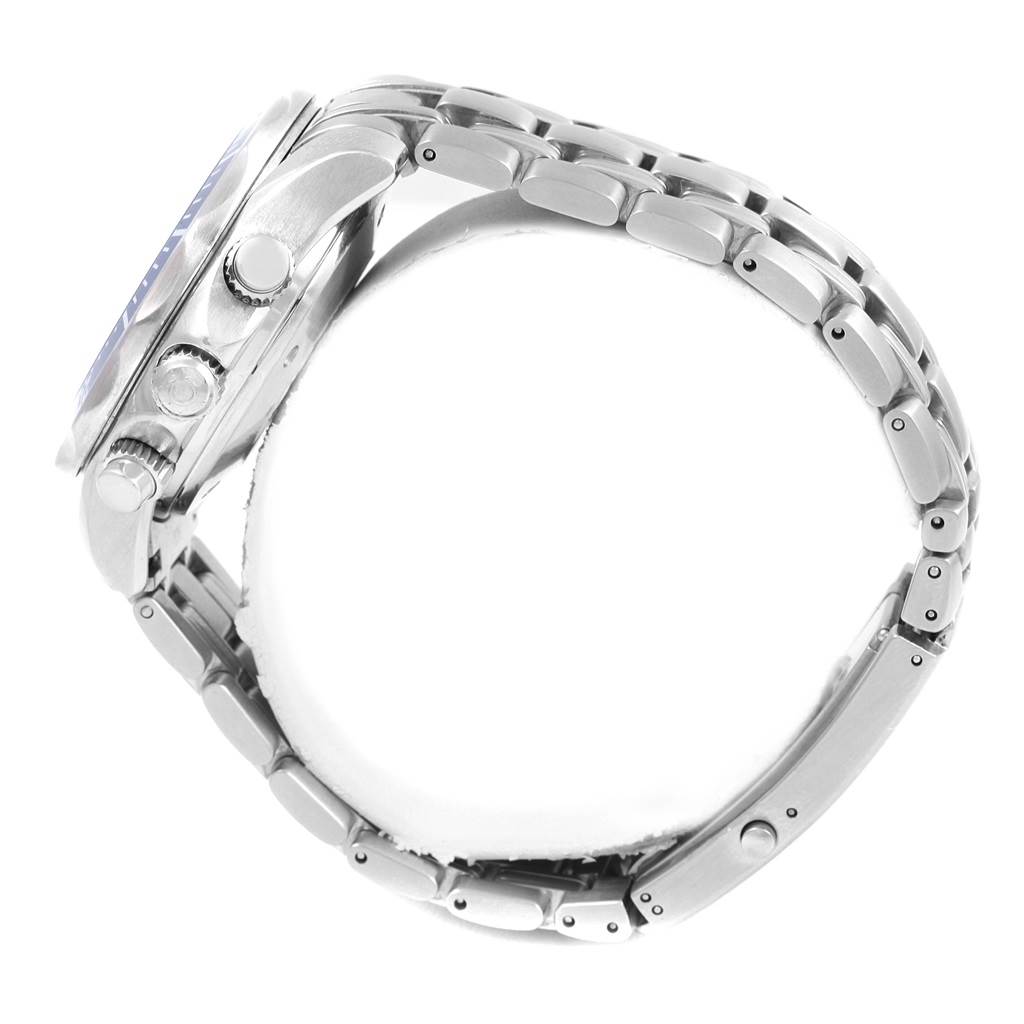 The Omega Seamaster 2599.80.00 Men's Stainless Steel Blue Dial 2599.80.00 Men's Stainless Steel Blue Dial watch is shown from a side angle, highlighting the case, crown, pushers, and bracelet.