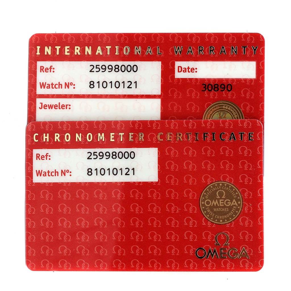The image shows the International Warranty and Chronometer Certificate cards for an Omega Seamaster 2599.80.00 Men's Stainless Steel Blue Dial 2599.80.00 Men's Stainless Steel Blue Dial watch.