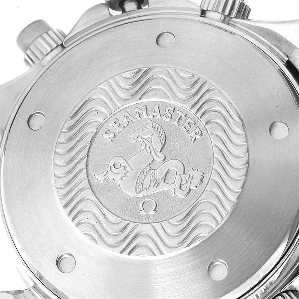 The image shows the engraved case back of an Omega Seamaster 2599.80.00 Men's Stainless Steel Blue Dial 2599.80.00 Men's Stainless Steel Blue Dial watch, viewed from the back angle.
