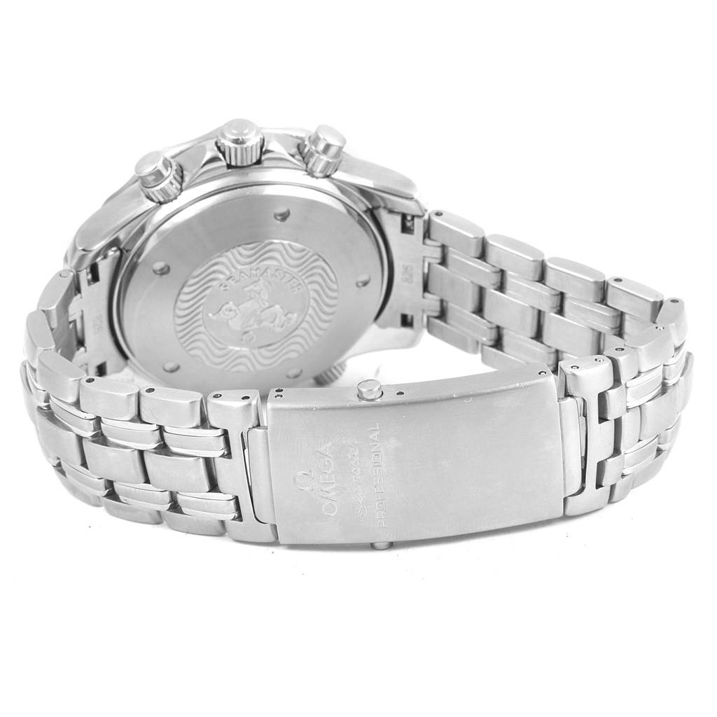 The image shows the back case, crown, pushers, and clasp of an Omega Seamaster 2599.80.00 Men's Stainless Steel Blue Dial 2599.80.00 Men's Stainless Steel Blue Dial watch.