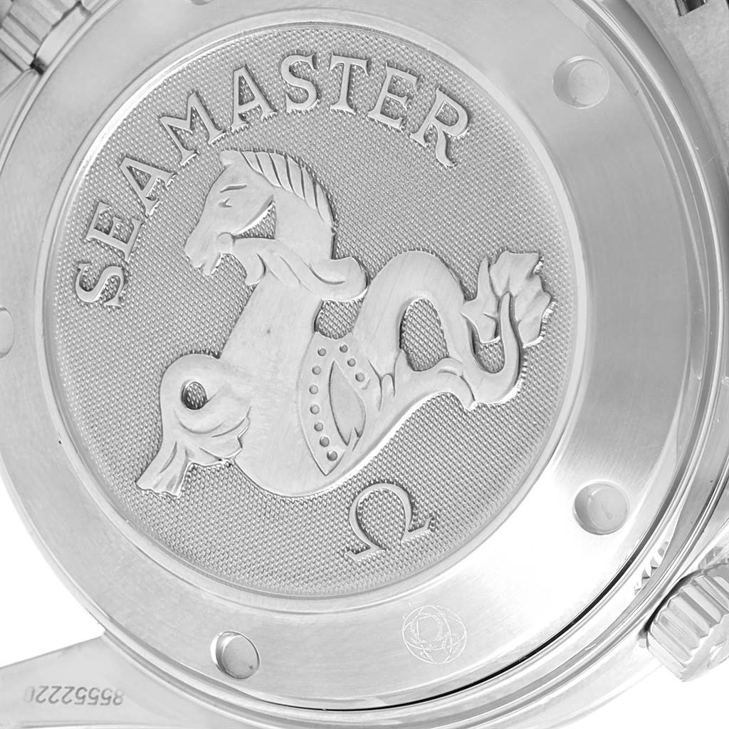 This image shows the engraved case back of an Omega Seamaster 213.30.42.40.01.001 Men
s Stainless Steel Black Dial 213.30.42.40.01.001 Men
s Stainless Steel Black Dial watch with the logo and model name.