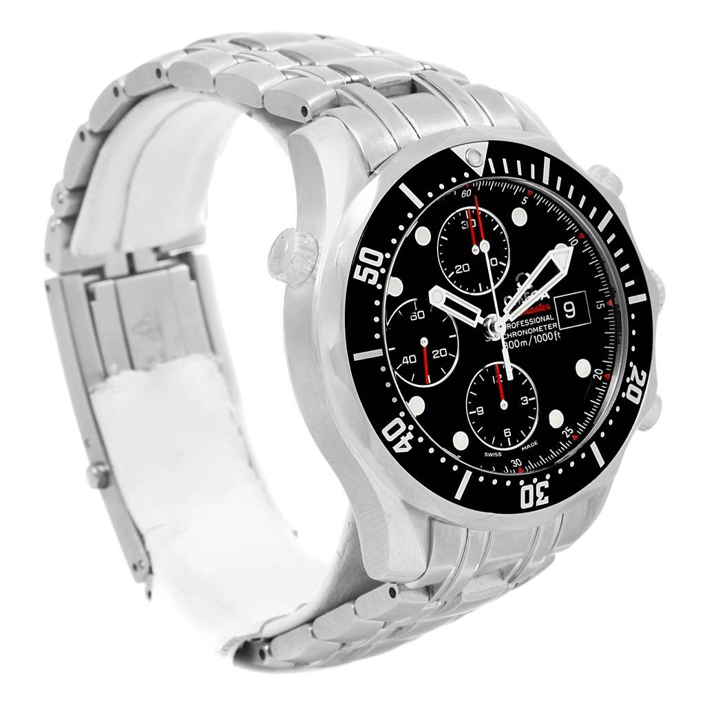 The image shows an angled view of an Omega Seamaster 213.30.42.40.01.001 Men
s Stainless Steel Black Dial 213.30.42.40.01.001 Men
s Stainless Steel Black Dial watch, highlighting its face, bezel, crown, and metal bracelet.