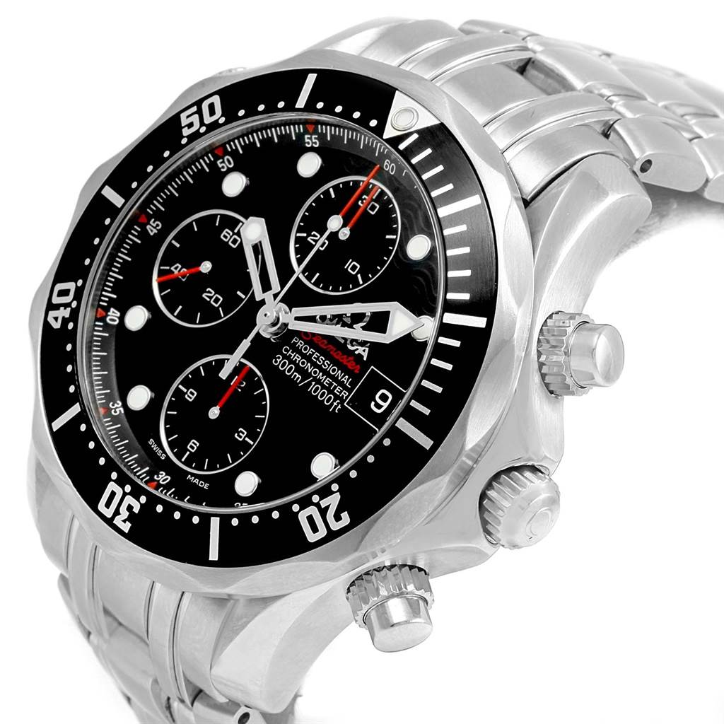 This image shows an Omega Seamaster 213.30.42.40.01.001 Men
s Stainless Steel Black Dial 213.30.42.40.01.001 Men
s Stainless Steel Black Dial watch from a front angle, highlighting the dial, bezel, and crown.