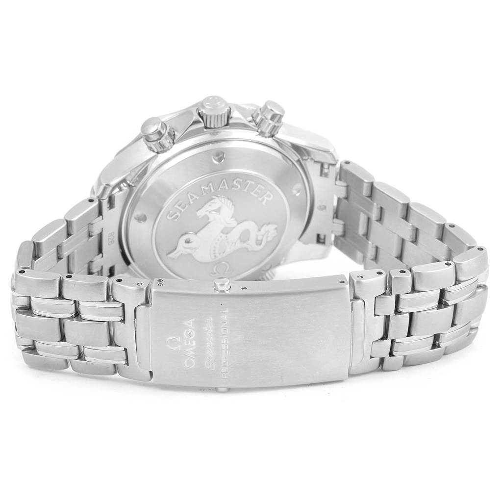 The image shows the back case, crown, pushers, and clasp of the Omega Seamaster 213.30.42.40.01.001 Men
s Stainless Steel Black Dial 213.30.42.40.01.001 Men
s Stainless Steel Black Dial watch.