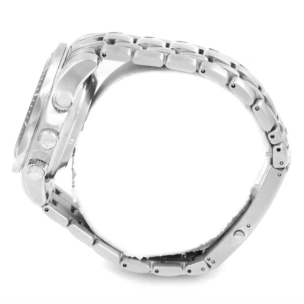 The photo shows a side view of an Omega Seamaster 213.30.42.40.01.001 Men
s Stainless Steel Black Dial 213.30.42.40.01.001 Men
s Stainless Steel Black Dial watch, highlighting the side profile of the case and the metal bracelet.